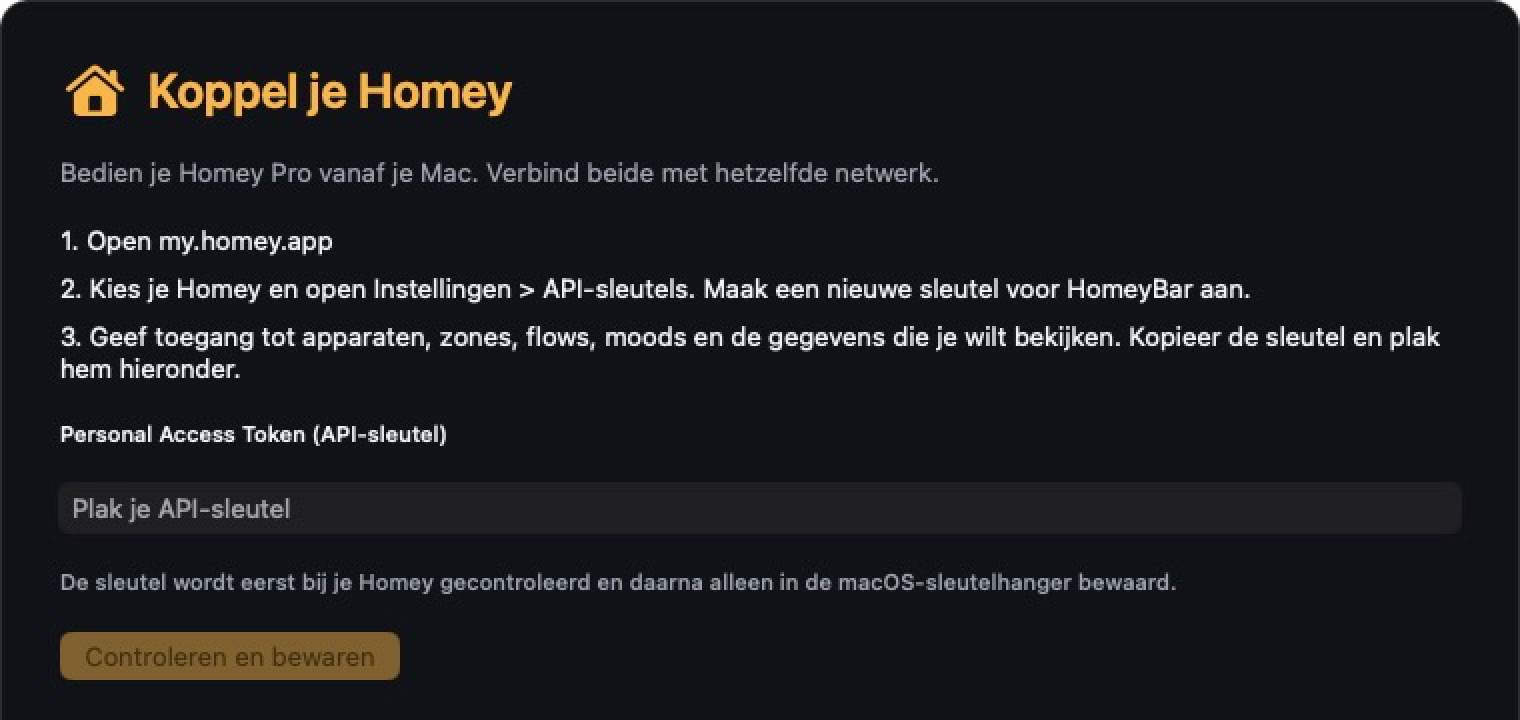 Het koppelscherm van HomeyBar bij de eerste start, met drie stappen voor het aanmaken en plakken van een API-sleutel.
